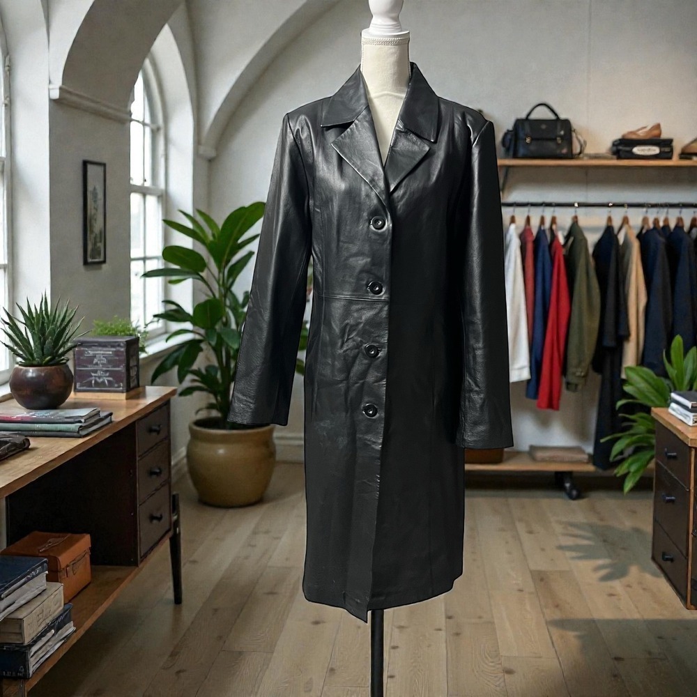 Black Genuine Leather‎ Matrix-Style Long Coat Minimalist Tailored Jacket Size M